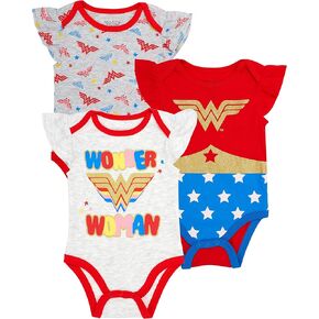 Wonder Woman Infant Baby Girls Bodysuit Baby Girl 3 Pack Gift Set (Red Multi, 0-3 Months)