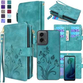 Lacass Case Wallet for Motorola Moto G 5G 2024, [12 Card Slots] ID Credit Cash Holder Zipper Pocket Detachable Leather Wallet Cover with Wrist Strap Lanyard（Floral Blue Green）