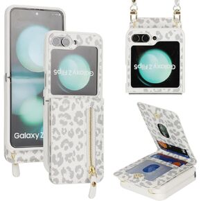 Cavor for Samsung Galaxy Z Flip 5 Case Wallet with for Women,Galaxy Z Flip 5 Case with Strap,Crossbody Strap Lanyard Card Holder Stand,Flip 5 Phone Case Cute,Leather Zipper Pocket Cover-Rosegold