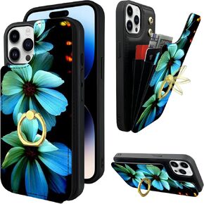 TopPerfekt Compatible with iPhone 14 Pro Wallet Case with Card Holder, 360°Rotation Finger Ring Holder Kickstand Protective RFID Blocking PU Leather Pattern Double Buttons Flip 6.1" Black Cow