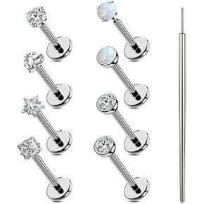16G/18G/20G Push-in Threadless Nose Studs Rings for Women Men Hypoallergenic Surgical Steel Opal CZ Monroe Lip Labret Studs | Nostril Nose Ring | Flat Back Earrings for Tragus Conch Helix Cartilage Piercing Jewelry