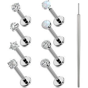16G/18G/20G Push-in Threadless Nose Studs Rings for Women Men Hypoallergenic Surgical Steel Opal CZ Monroe Lip Labret Studs | Nostril Nose Ring | Flat Back Earrings for Tragus Conch Helix Cartilage Piercing Jewelry