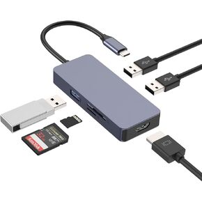 USB C HUB, 6 in 1 Aluminum Multiport USB C Adapter with 4K HDMI, USB 3.0, 2*USB 2.0, SD/TF Compatible for MacBook, Surface Pro/Go, Pad Pro/Air, Laptop and Other Type C Devices