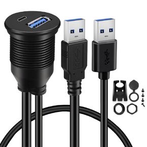 BATIGE USB 2.0 to Type C 2.0 Car Mount Flush Cable Dual Port Male to Female Extension Waterproof Cable for Car Truck Boat Motorcycle Dashboard Panel - 3ft