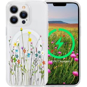 for iPhone 13 Pro Flower Case [Compatible with MagSafe] Cute Floral Pattern Magnetic Clear Shockproof [Hard PC Back Soft TPU Edge] Slim Cover for Girls Women, Abundant Blossom
