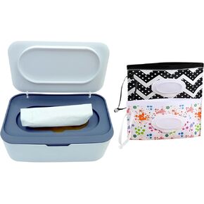 Wet Wipes Dispenser，Baby Wipe Holder with 2 Pcs Portable Travel Wipes Container，refillable wipes container with Moisture Resistant Seal for travel, Office and Home.（Blue）