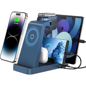 Wireless Charger for iPhone - 5 in 1 Charging Station for Multiple Devices Apple: Fast Wireless Charging Stand Dock for iPhone 15 14 13 12 Pro Max Apple Watch Airpods(Blue)
