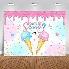 Mocsicka Ice Cream Gender Reveal Backdrop What's The Scoop Background Summer He or She Gender Reveal Party Decorations Banner Photo Studio Props (7x5ft)