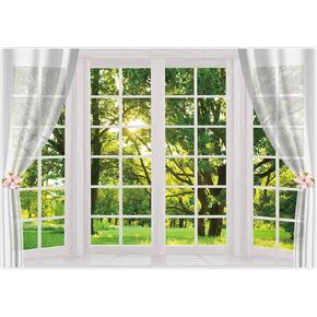 Allenjoy 10x8ft Spring Window Scenery Photography Fabric Backdrop White Windowsill Floral Green Forest Natural Photocall Background Party Banner Wall Decor Newborn Baby Kids Family Photo Booth Props