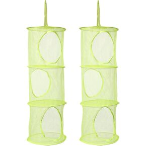 2 Pcs Toy Storage Hanging Mesh 3 Compartment Organizer Net Stuffed Animal Hammock Foldable Organizing Baskets Clothes Hanger Organizer Bag for Room Bathroom Closet Green