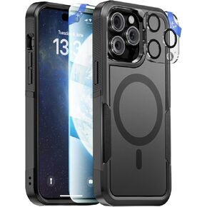 for iPhone 15 Pro Max Case Compatible with Magsafe, with 2x Tempered Glass Screen Protector, 2x Camera Lens Protector, Hard PC & Soft TPU 2 in 1 Shockproof Heavy Dropproof Design, Armor Black