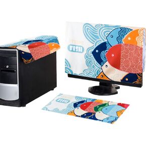 3 Pieces Computer Dust Cover Set Computer Host Case Tower Protector Dust Proof Pc Monitor Keyboard Covers for Desktop CPU Fish 32Inch