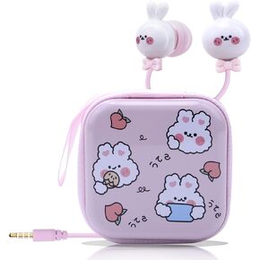 Cute Rabbit Earbuds for Kids, Kid Size Wired Earbud & in-Ear Headphones with Microphone and Lovely Earphones Storage Case Gifts for School Girls and Boys