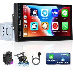Roinvou Single Din Touchscreen Radio with Wired Carplay and Android Auto, 7 Inch HD Touchscreen Car Stereo with Bluetooth, SWC, Backup Camera, Mirror Link, FM Radio, Fast Charging, AUX/USB Input