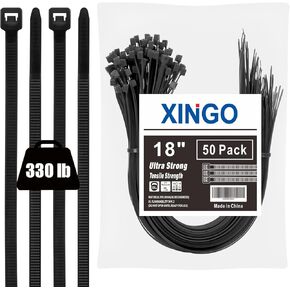XINGO 18 inch Black Zip Ties Heavy Duty 50 Pack, 330 LBS Ultra Exclusive Strong Plastic Wire Ties, Large Cable Ties Extra Long Tie Wraps For Indoor and Outdoor Use