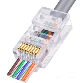 [RJ45 CAT5e Pass-Through Connectors 8P8C Gold Plated 3-Prong Pins for Cat5 Cat5e Ethernet Cables Easy and Fast Termination Unshielded (Pack of 100)