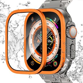 NewWays Apple Watch Ultra2 49mm Tempered Glass Screen Protector with Titanium Alloy Case, Full Coverage Bubble Free Anti-Scratch Waterproof HD Film for iwatch Ultra 49mm, Orange