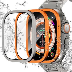 واقي شاشة من الزجاج المقوى من NewWays مكون من 3 قطع لساعة Apple Watch Ultra 49 مم مع حافظة من سبائك التيتانيوم، تغطية كاملة خالية من الفقاعات ومضادة للخدش وطبقة HD مقاومة للماء لـ iwatch Ultra 49 مم