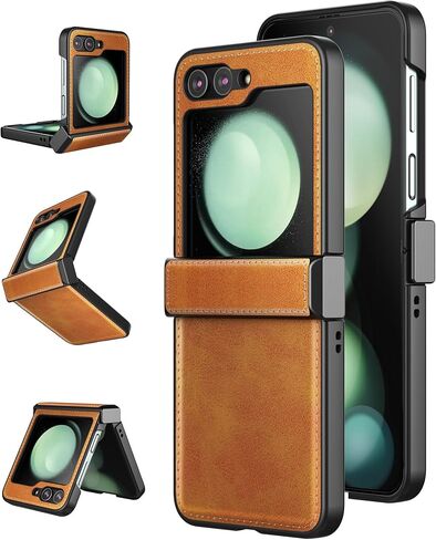 حافظة Foluu لهاتف Samsung Galaxy Z Flip 5، حافظة Z Flip 5 مع حماية المفصلات من جلد البولي يوريثان + غطاء صلب من البولي كربونات، حافظة حماية متينة رفيعة للغاية لهاتف Samsung Galaxy Z Flip5 5G 2023 (بني) in Kuwait