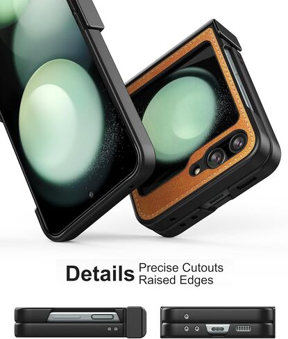 حافظة Foluu لهاتف Samsung Galaxy Z Flip 5، حافظة Z Flip 5 مع حماية المفصلات من جلد البولي يوريثان + غطاء صلب من البولي كربونات، حافظة حماية متينة رفيعة للغاية لهاتف Samsung Galaxy Z Flip5 5G 2023 (بني) in Kuwait