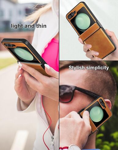 حافظة Foluu لهاتف Samsung Galaxy Z Flip 5، حافظة Z Flip 5 مع حماية المفصلات من جلد البولي يوريثان + غطاء صلب من البولي كربونات، حافظة حماية متينة رفيعة للغاية لهاتف Samsung Galaxy Z Flip5 5G 2023 (بني) in Kuwait