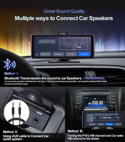 ستيريو سيارة لاسلكي مع Apple Carplay وAndroid Auto، شاشة تشغيل سيارة محمولة 10.26 بوصة مع كاميرا احتياطية، رابط مرآة/GPS/بلوتوث/Aux/راديو FM/مستقبلات صوت السيارة in Kuwait