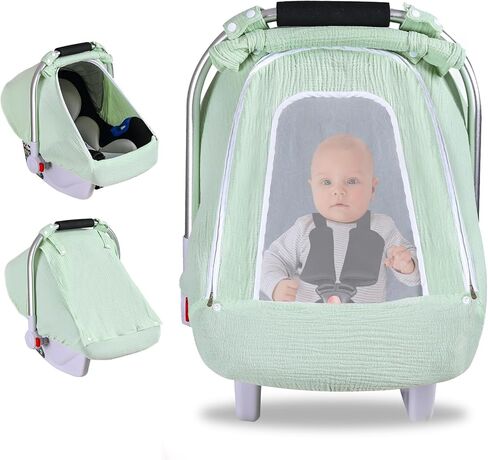 Muslin Car Seat Covers for Babies, Breathable Baby Car Seat Cover for Boys Girls, Infant Carseat Canopy with Mesh Peep Window,Carrier Cover with Privacy Sun Shade, Baby Stroller Weather Shields-Blue in Kuwait