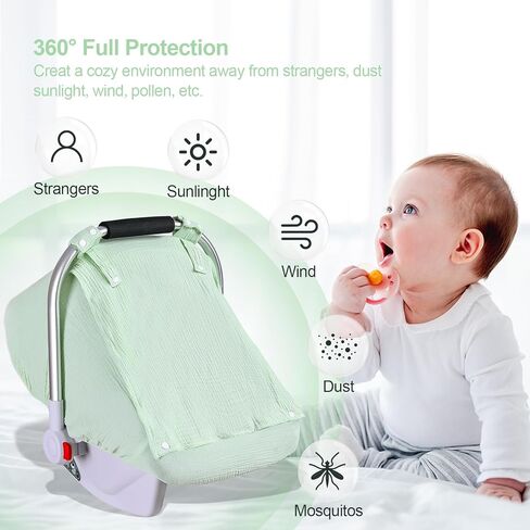 Muslin Car Seat Covers for Babies, Breathable Baby Car Seat Cover for Boys Girls, Infant Carseat Canopy with Mesh Peep Window,Carrier Cover with Privacy Sun Shade, Baby Stroller Weather Shields-Blue in Kuwait