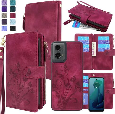 Lacass Case Wallet for Motorola Moto G 5G 2024, [12 Card Slots] ID Credit Cash Holder Zipper Pocket Detachable Leather Wallet Cover with Wrist Strap Lanyard（Floral Blue Green） in Saudi Arabia