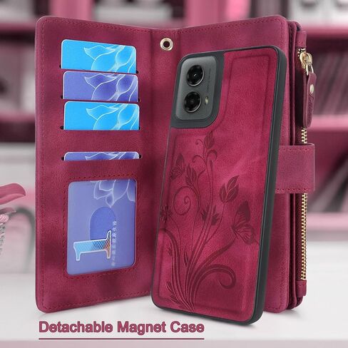 Lacass Case Wallet for Motorola Moto G 5G 2024, [12 Card Slots] ID Credit Cash Holder Zipper Pocket Detachable Leather Wallet Cover with Wrist Strap Lanyard（Floral Blue Green） in Saudi Arabia