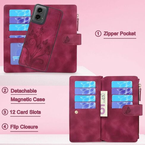 Lacass Case Wallet for Motorola Moto G 5G 2024, [12 Card Slots] ID Credit Cash Holder Zipper Pocket Detachable Leather Wallet Cover with Wrist Strap Lanyard（Floral Blue Green） in Saudi Arabia