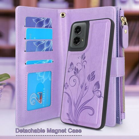Lacass Case Wallet for Motorola Moto G 5G 2024, [12 Card Slots] ID Credit Cash Holder Zipper Pocket Detachable Leather Wallet Cover with Wrist Strap Lanyard（Floral Blue Green） in Saudi Arabia