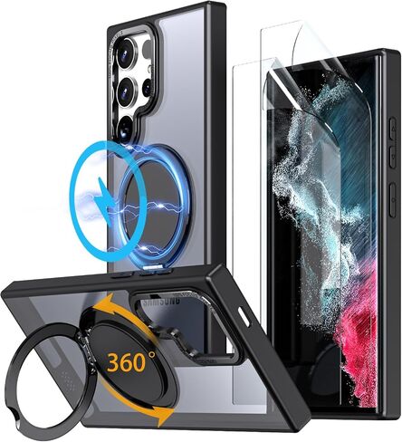 360° Rotation Magnetic Stand for Samsung Galaxy S22 Ultra/S23 Ultra Case with 2 Screen Protectors, Compatible with Magsafe, Military-grade Drop Protection, Kickstand Phone Cover, Black in Saudi Arabia