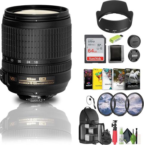 Nikon AF-S DX NIKKOR 18-105mm f/3.5-5.6G ED VR Lens (2179) + 64GB Memory Card + Filter Kit + BackPack + Card Reader + Corel Photo Software + Flex Tripod + Cap Keeper + Cleaning Kit (Renewed) in Saudi Arabia
