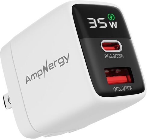 شاحن حائط USB C، شاحن AmpNergy ثنائي المنفذ 35 وات، محول شحن سريع 2 في 1 مع كابل USB-C، شاحن سريع USB-A/C PD 3.0/QC 3.0 USB C محول لهاتف iPhone 15/14/Mini/Pro/Pro Max ، آيباد برو/إير، سامسونج in Kuwait
