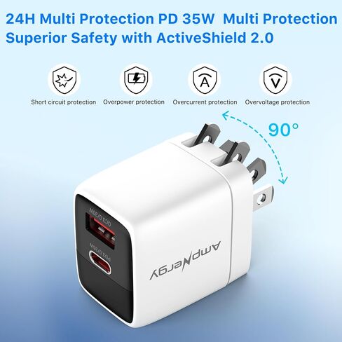 شاحن حائط USB C، شاحن AmpNergy ثنائي المنفذ 35 وات، محول شحن سريع 2 في 1 مع كابل USB-C، شاحن سريع USB-A/C PD 3.0/QC 3.0 USB C محول لهاتف iPhone 15/14/Mini/Pro/Pro Max ، آيباد برو/إير، سامسونج in Kuwait