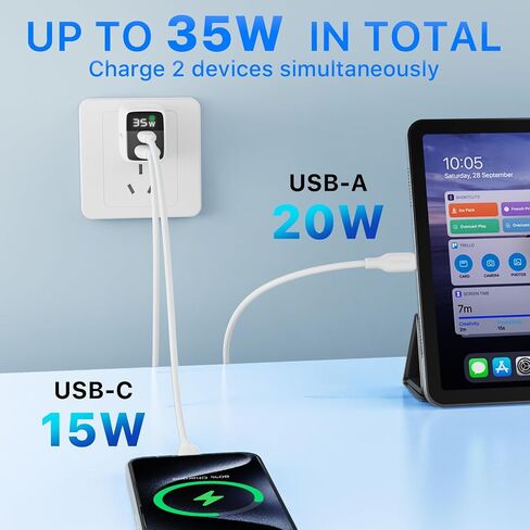 شاحن حائط USB C، شاحن AmpNergy ثنائي المنفذ 35 وات، محول شحن سريع 2 في 1 مع كابل USB-C، شاحن سريع USB-A/C PD 3.0/QC 3.0 USB C محول لهاتف iPhone 15/14/Mini/Pro/Pro Max ، آيباد برو/إير، سامسونج in Kuwait