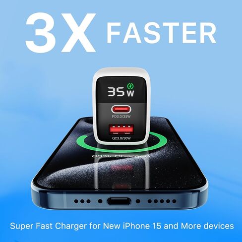 شاحن حائط USB C، شاحن AmpNergy ثنائي المنفذ 35 وات، محول شحن سريع 2 في 1 مع كابل USB-C، شاحن سريع USB-A/C PD 3.0/QC 3.0 USB C محول لهاتف iPhone 15/14/Mini/Pro/Pro Max ، آيباد برو/إير، سامسونج in Kuwait