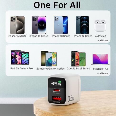 شاحن حائط USB C، شاحن AmpNergy ثنائي المنفذ 35 وات، محول شحن سريع 2 في 1 مع كابل USB-C، شاحن سريع USB-A/C PD 3.0/QC 3.0 USB C محول لهاتف iPhone 15/14/Mini/Pro/Pro Max ، آيباد برو/إير، سامسونج in Kuwait
