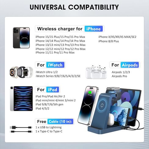 Wireless Charger for iPhone - 5 in 1 Charging Station for Multiple Devices Apple: Fast Wireless Charging Stand Dock for iPhone 15 14 13 12 Pro Max Apple Watch Airpods(Blue) in Saudi Arabia