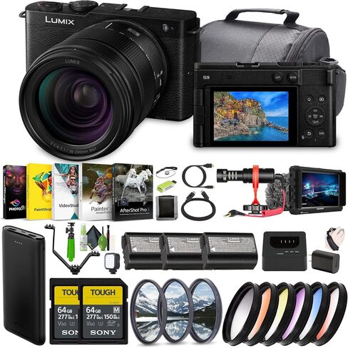 كاميرا باناسونيك LUMIX S9 كاملة الإطار بدون مرآة مع عدسة تثبيت على شكل حرف L مقاس 28-200 مم - باللون الأسود - حزمة مع بطاقة ذاكرة 2X سعة 64 جيجابايت + شاشة Lilliput عالية الدقة مقاس 7 بوصات + مصباح فيديو LED + ميكروفون Rode والمزيد in Saudi Arabia