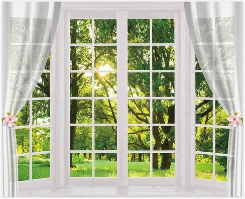 Allenjoy 10x8ft Spring Window Scenery Photography Fabric Backdrop White Windowsill Floral Green Forest Natural Photocall Background Party Banner Wall Decor Newborn Baby Kids Family Photo Booth Props in Saudi Arabia