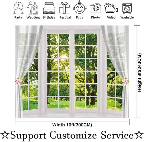Allenjoy 10x8ft Spring Window Scenery Photography Fabric Backdrop White Windowsill Floral Green Forest Natural Photocall Background Party Banner Wall Decor Newborn Baby Kids Family Photo Booth Props in Saudi Arabia