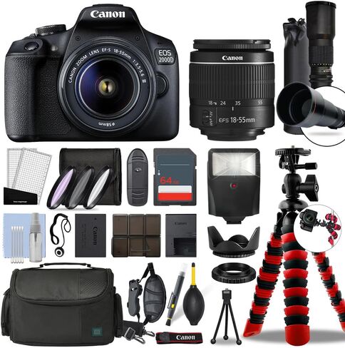 هيكل كاميرا Canon EOS 2000D / Rebel T7 الرقمية ذات العدسة الأحادية العاكسة مع عدسة Canon EF-S مقاس 18-55 مم f/3.5-5.6 ومجموعة DSLR مقربة مقاس 500 مم وبطاقة 64 جيجابايت حزمة ملحقات كاملة + فلاش والمزيد - الطراز العالمي (متجدد) in Saudi Arabia