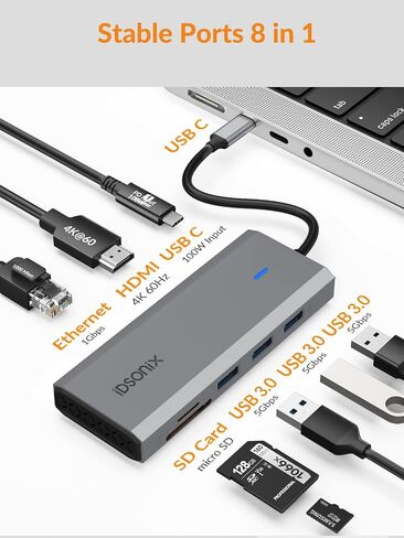 iDsonix 5-in-1 Aluminum USB C Hub Docking Station with 4K HDMI, 60W Power Delivery, USB 3.0 5Gbps Data Ports, for MacBook Air/Pro, iPad, HP, Dell and More (Grey) in Saudi Arabia