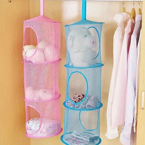 2 Pcs Toy Storage Hanging Mesh 3 Compartment Organizer Net Stuffed Animal Hammock Foldable Organizing Baskets Clothes Hanger Organizer Bag for Room Bathroom Closet Green in Saudi Arabia