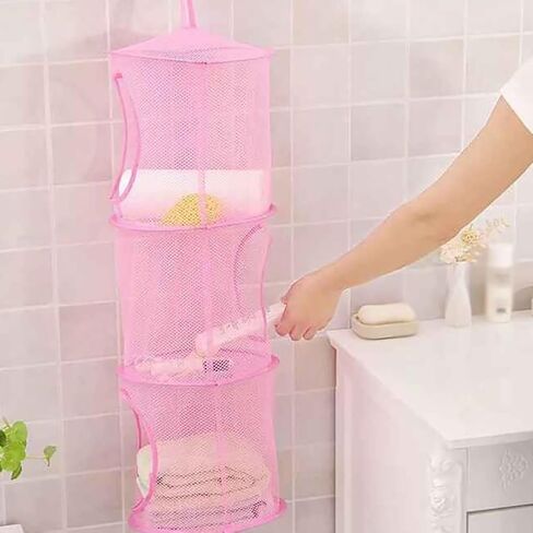 2 Pcs Toy Storage Hanging Mesh 3 Compartment Organizer Net Stuffed Animal Hammock Foldable Organizing Baskets Clothes Hanger Organizer Bag for Room Bathroom Closet Green in Saudi Arabia