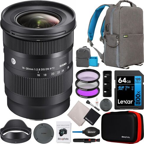 Sigma 16-28mm F2.8 DG DN Contemporary Lens for Sony E-Mount Mirrorless Cameras 206965 Bundle with Deco Gear Photography Backpack + UV Polarizer FLD Filter Kit and Accessories in Saudi Arabia