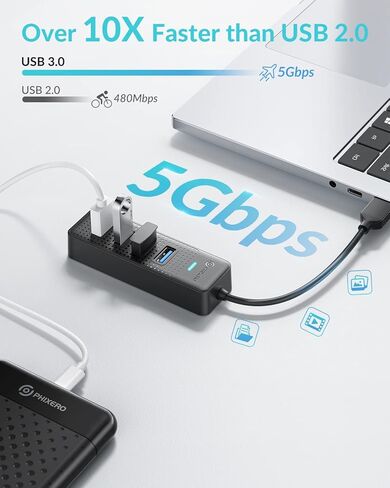 محور USB، موسع PHIXERO 4-Port 3.0 Hub متعدد المنافذ، مقسم نقل بيانات سريع لأجهزة الكمبيوتر المحمول، متوافق مع جميع الأجهزة in Kuwait