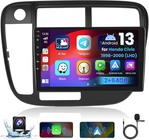 [2+64G] مجموعة راديو السيارة Hikity لسيارة Honda Civic 1998-2000 (LHD) Android 13 ستيريو لاسلكي CarPlay Android Auto Mirror Link، شاشة لمس 9 بوصة نظام تحديد المواقع GPS FM RDS كاميرا احتياطية in Kuwait